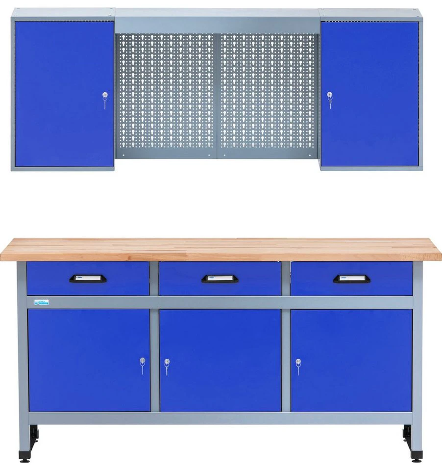 KÜPPER Werkstatt-Set 70421–7 Werkbank 170 cm ultramarinblau 30 mm Buchenarbeitsplatte Hängeschrank