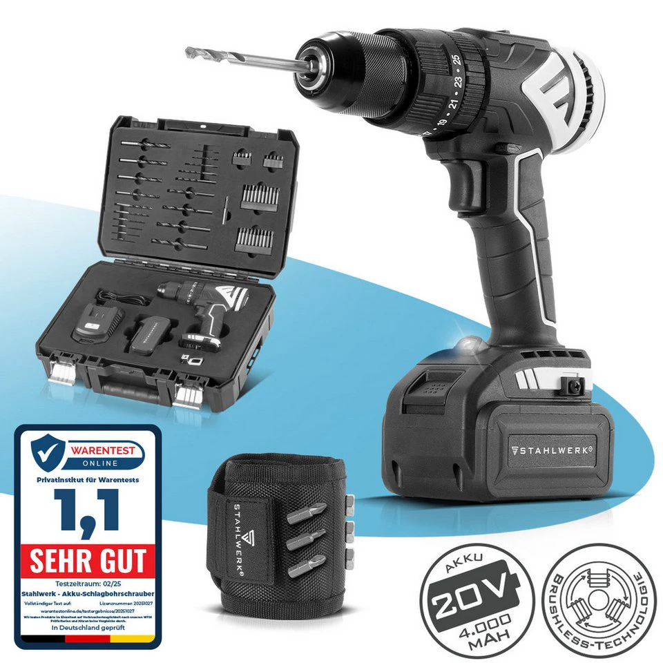 STAHLWERK Akku-Schlagbohrschrauber ASB-20 ST Set 20 V mit Magnet-Armband und Maschinenkoffer