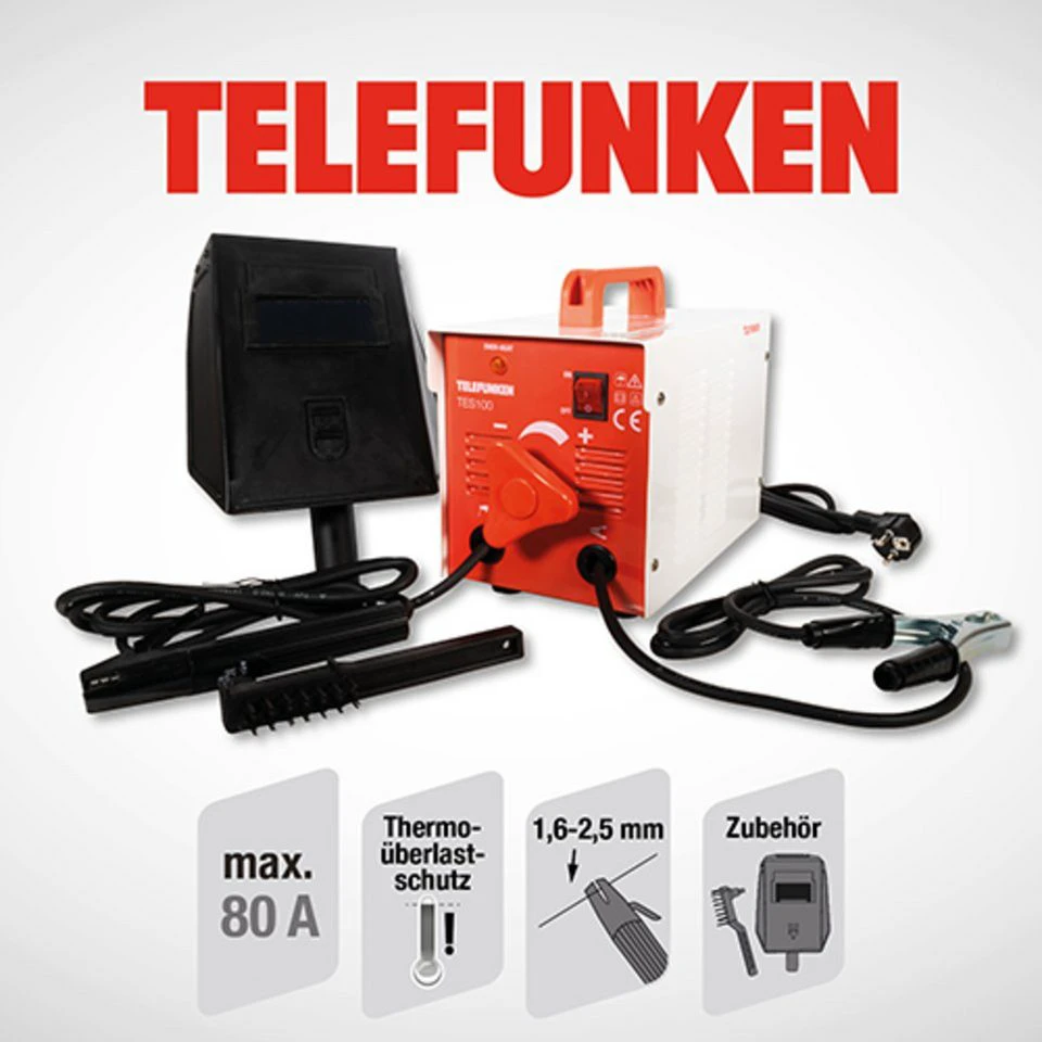 Telefunken Elektroden-Schweißgerät TES 100 40-80 A mit Schweißschirm Kombidrahtbürste Thermowächter