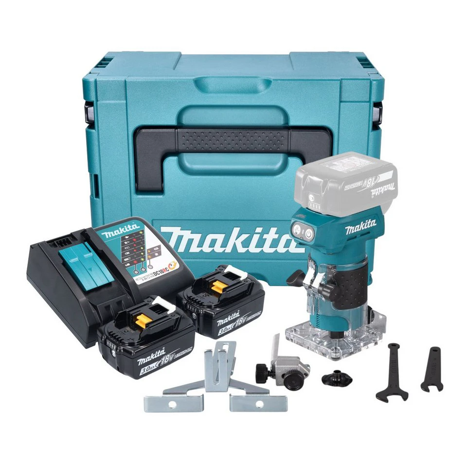 Makita Akku-Kantenfräse DRT52 18 V 6 mm bürstenlos 2x Akku 3,0 Ah Ladegerät Makpac