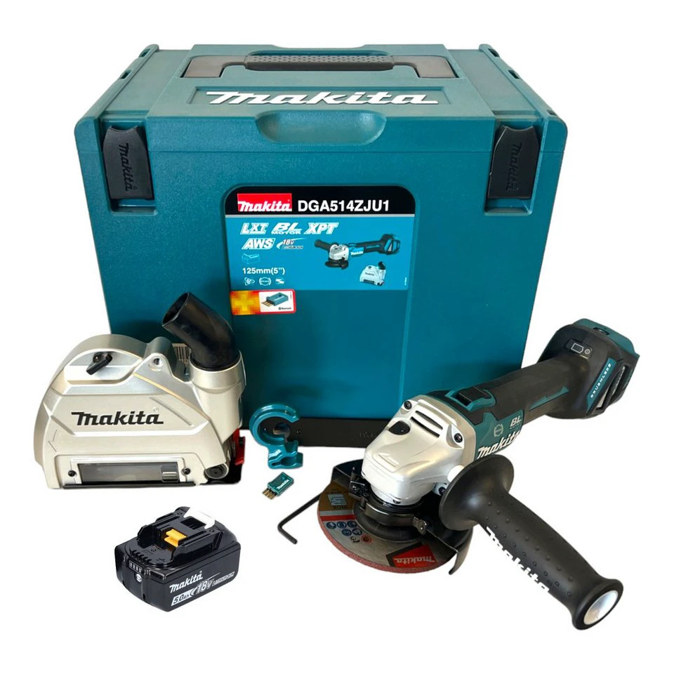 Makita Akku-Winkelschleifer DGA 514 T1JU1 18 V 125 mm bürstenlos mit 5,0 Ah Akku ohne Ladegerät