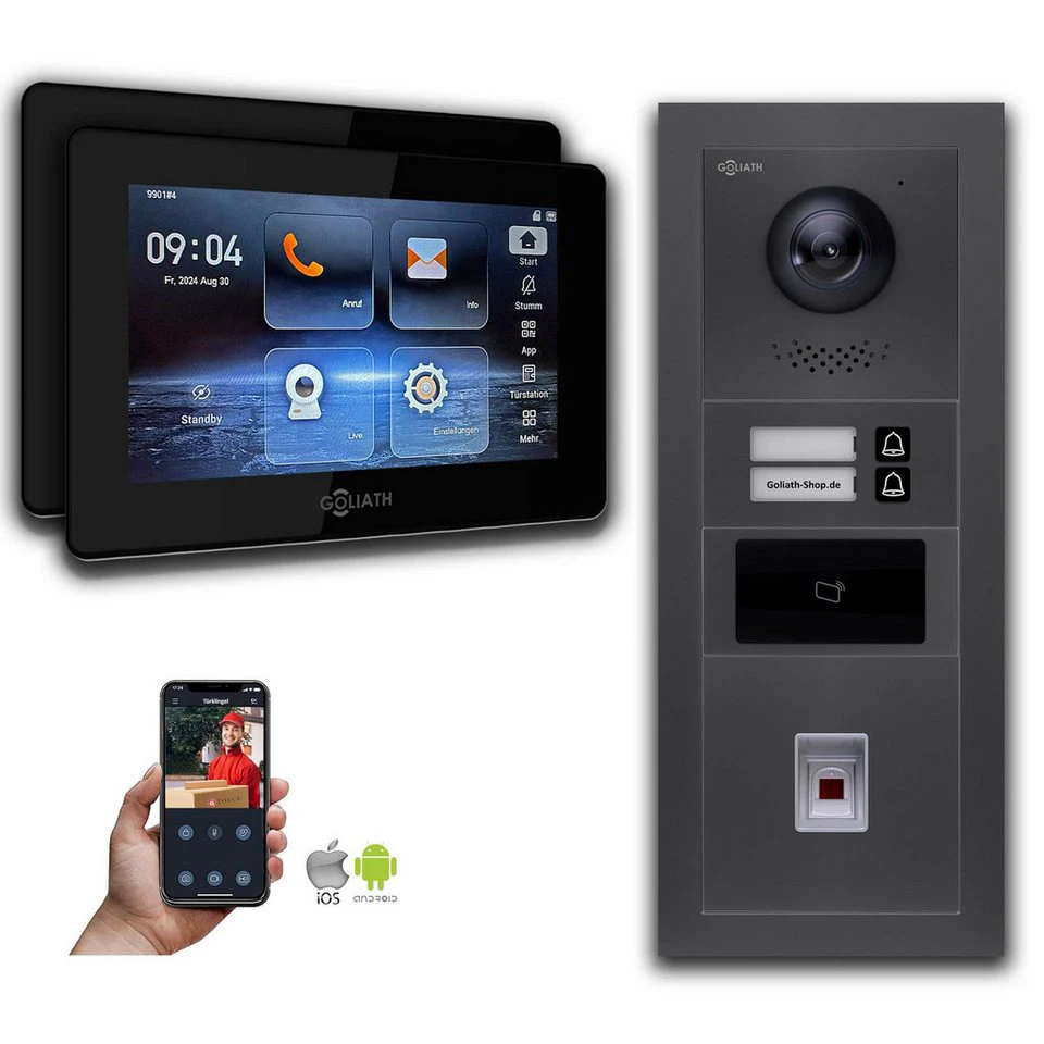Goliath Intercom Video-Türsprechanlage 2-Draht BUS 2 Familienhaus Fingerprint RFID Anthrazit