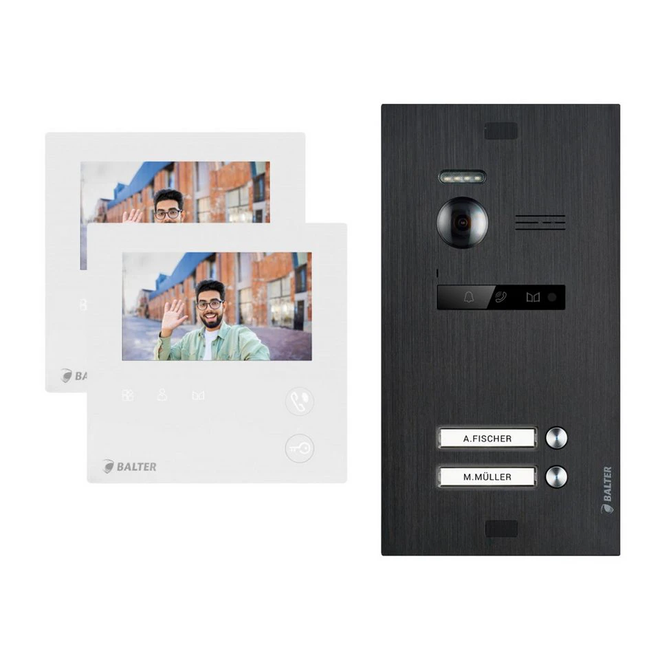 Balter Video-Türsprechanlage EVO MINI Komplettsystem 2-Familienhaus Schwarz 2x 4.3" Monitore 2-Draht BUS