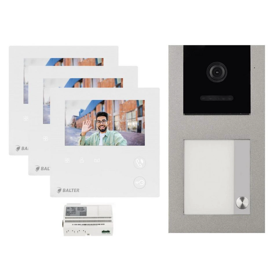 Balter EVO MINI Video-Türsprechanlage Grau Komplettset 1-Familie 3x 4.3" Monitore 2-Draht BUS 150° Weitwinkel-Kamera
