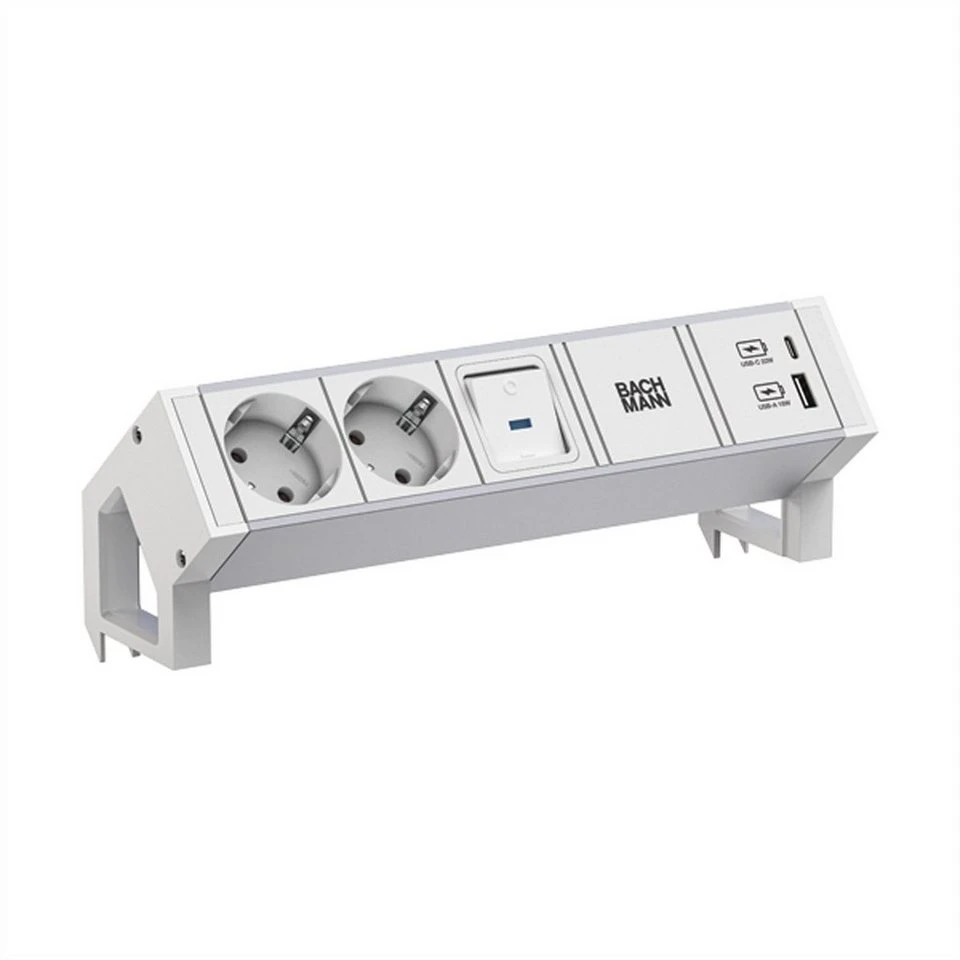 Bachmann DESK2 ALU WHITE Steckdosenleiste Aluminium 2xCEE7/3 1xSchalter USB A/C 22W 0,2m