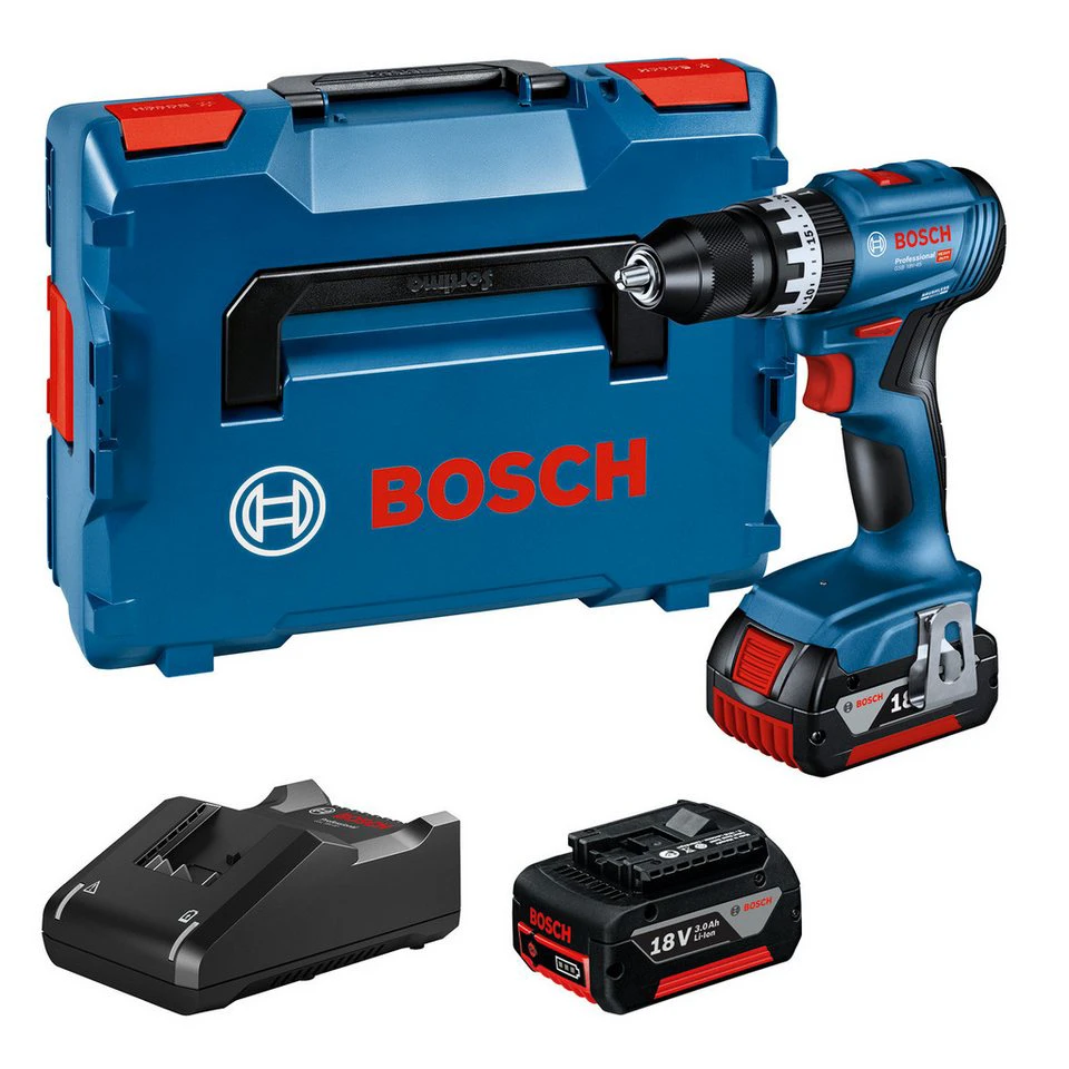 Bosch Professional GSB 18V-45 Akku-Schlagbohrschrauber 2x 3,0 Ah Schnellladegerät GAL 18V-40 L-BOXX