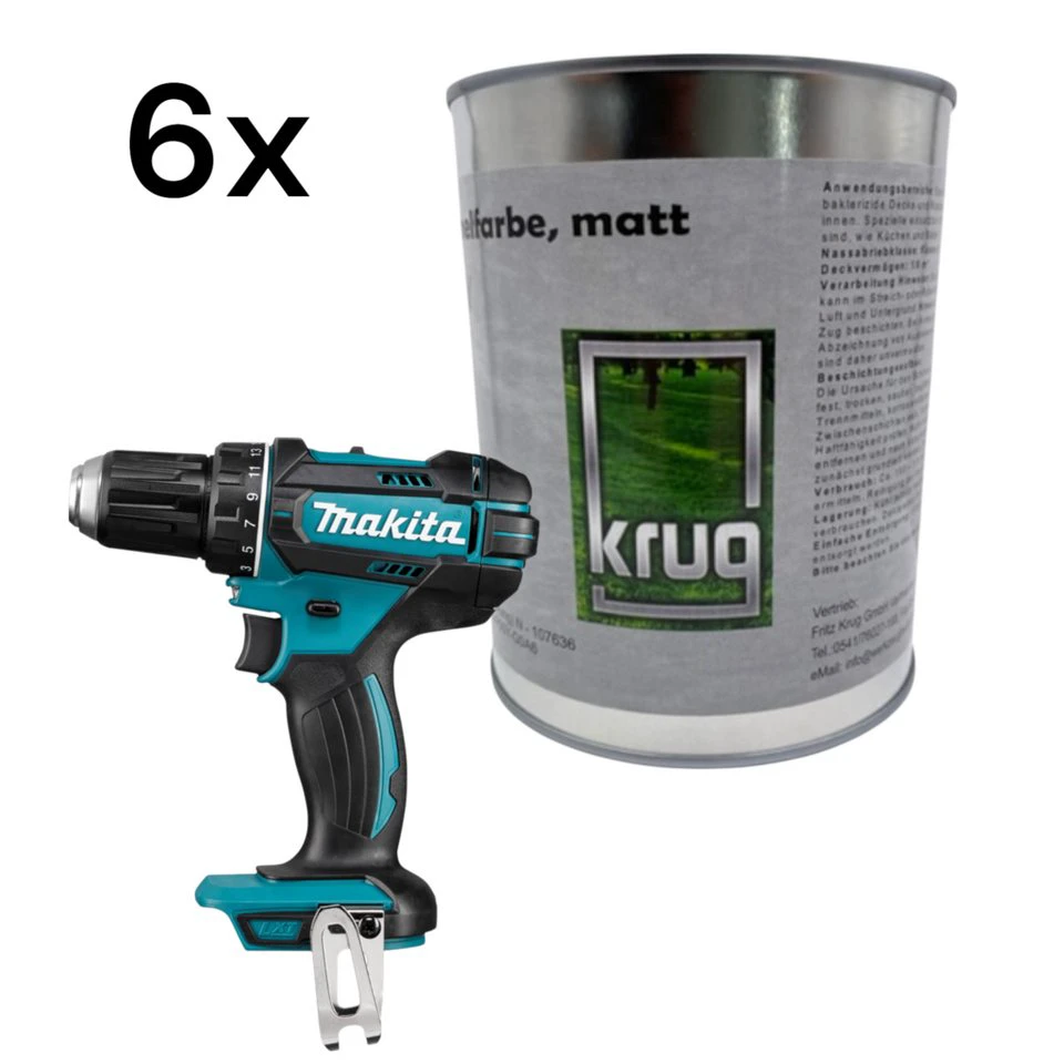 Fritz Krug Antischimmelfarbe Set 6 x 0,75 Liter matt mit Makita Akku-Bohrschrauber DDF482Z Solo 18 V