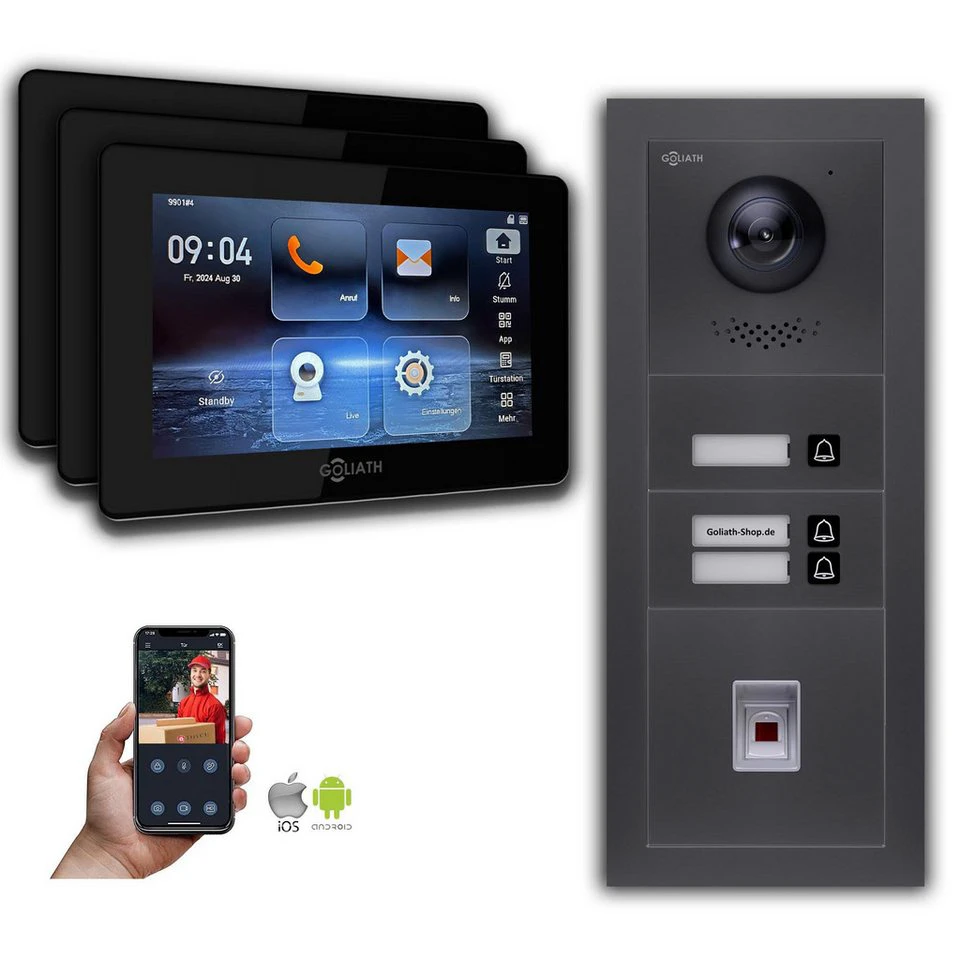 Goliath Video-Türsprechanlage GL-HB330A 2-Draht BUS 3 Monitore Fingerprint