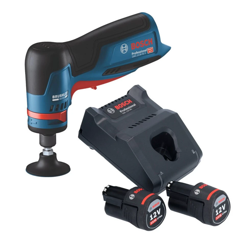 Bosch Professional GWG 12V-50 S Professional Geradschleifer 12 V Brushless 6 mm 2x Akku 3,0 Ah Lader