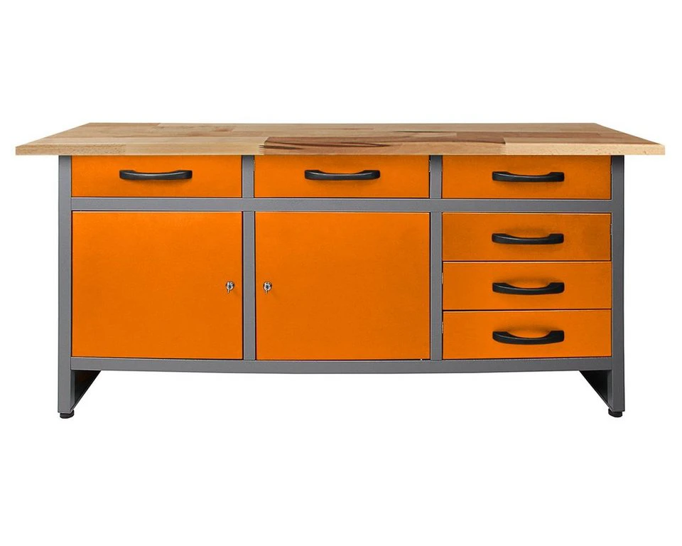 ONDIS24 Werkbank Karsten 160 cm Packtisch aus Metall 2 Türen 6 Schubladen 450 kg