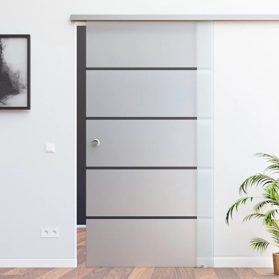 AMOD Glasschiebetür P1-ASE mit SoftClose SlimLine Komplett-Set teilsatiniert 8 mm Griffmuschel