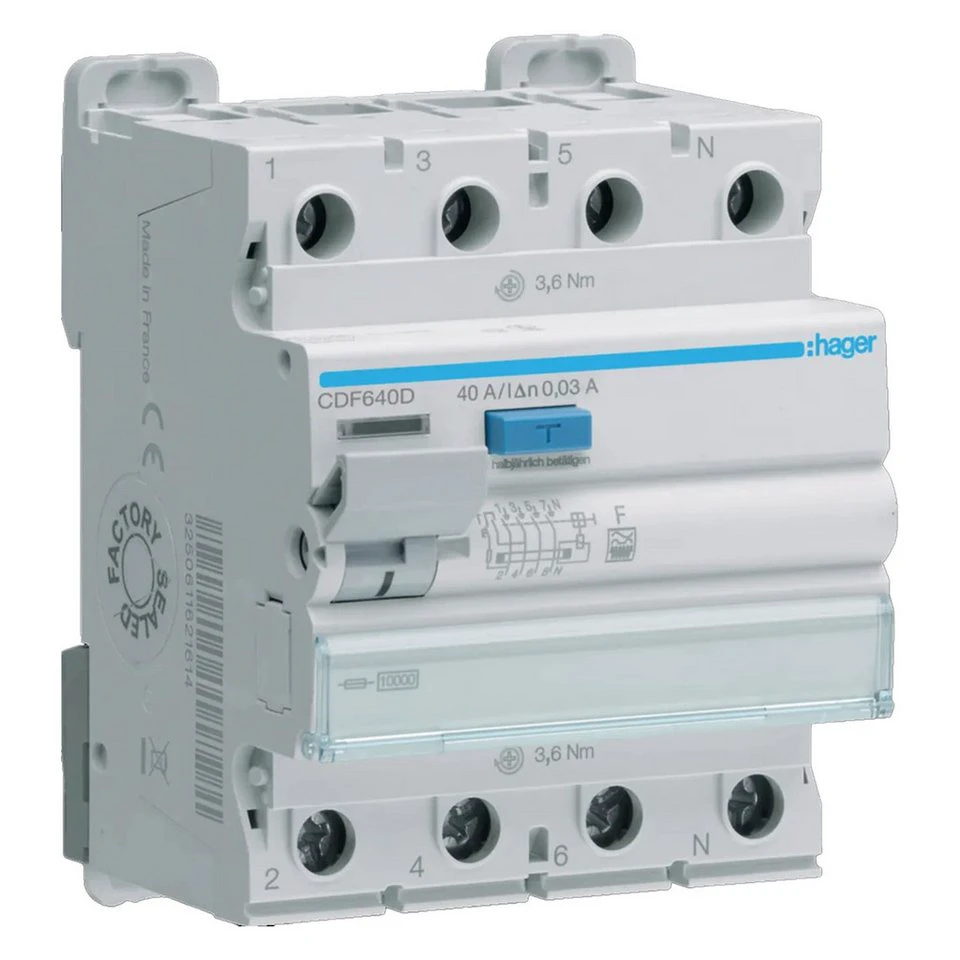 Hager CDF640D RCCB Fehlerstromschutzschalter 3P+N 40A 30mA 10kA Typ F