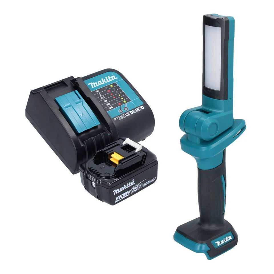 Makita DML 816 Akku LED Arbeitsleuchte 18 V 100-500 Lumen mit 4,0 Ah Akku Ladegerät