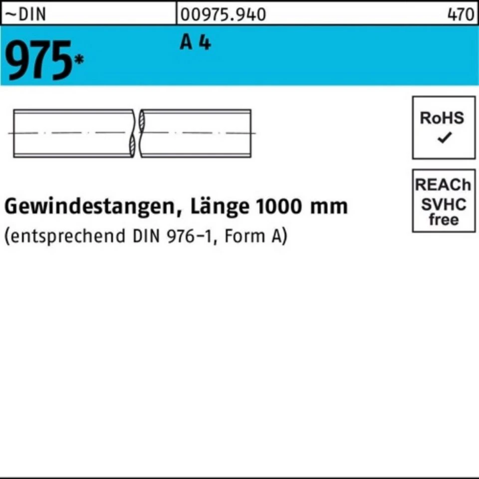 Reyher Gewindestange 009759400120000 DIN 975 M 12 x 1000 mm A 4 1 Stück