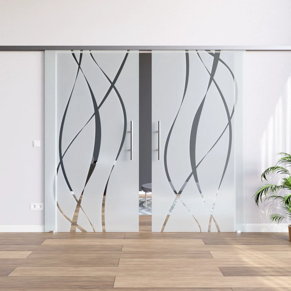 AMOD Glasschiebetür M6+GE420+DPL 2-flügelig SlimLine SoftStop Griffstangen beidseitig