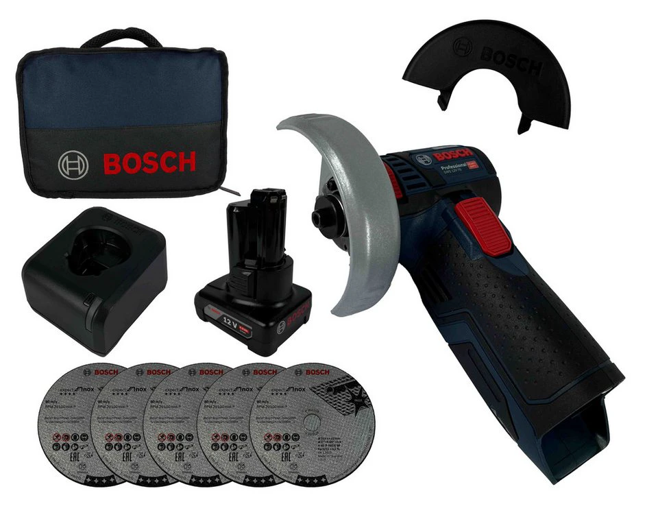 Bosch Professional Akku-Winkelschleifer GWS 12V-76 mit Akku 4 Ah Ladegerät Tasche 5tlg. Trennscheiben-Set