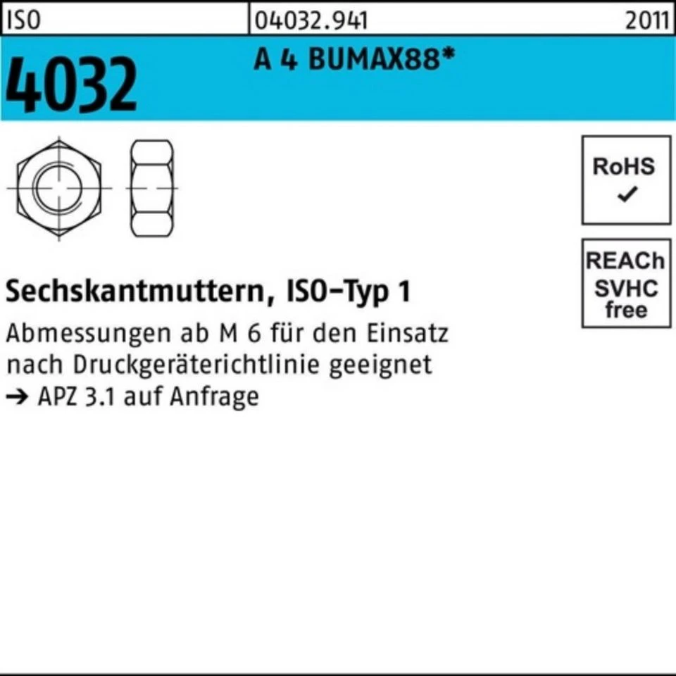 Bufab Muttern 040329410240000 Sechskantmutter ISO 4032 M24 A4 BUMAX88