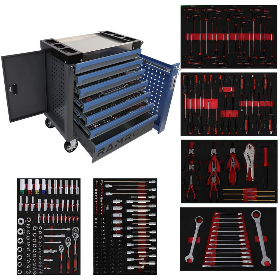 RAMROXX Premium Werkzeugwagen 258-teilig mit Werkzeugset H90cm B78cm T47cm