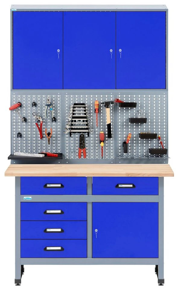 KÜPPER Werkstatt-Set 70424-7 Werkbank Hängeschrank Lochwand 120 cm 30 mm massive Buchenarbeitsplatte