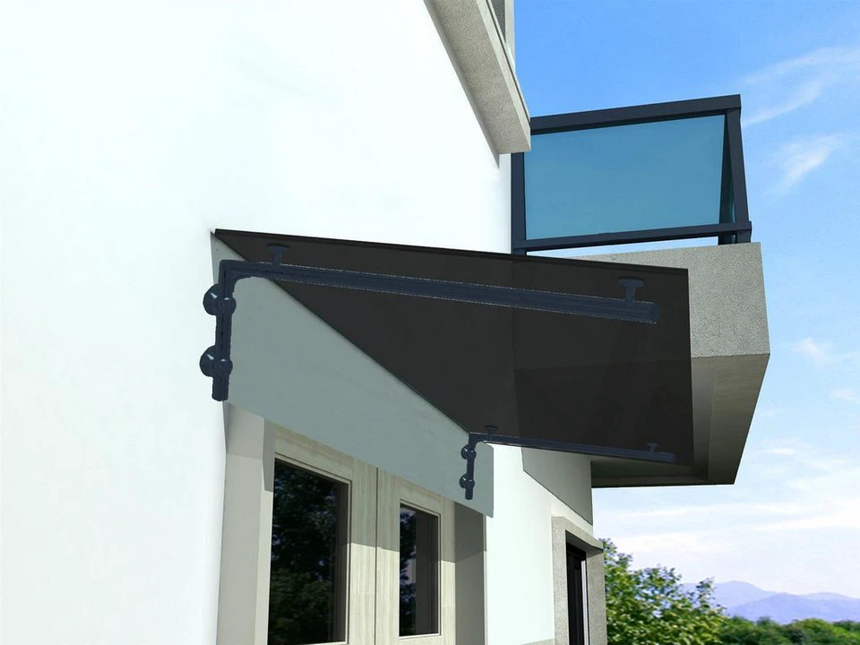 BuyLando.Shop Vordach Glaswerk Westfalen 200x90 cm Grauglas Halter RAL7016