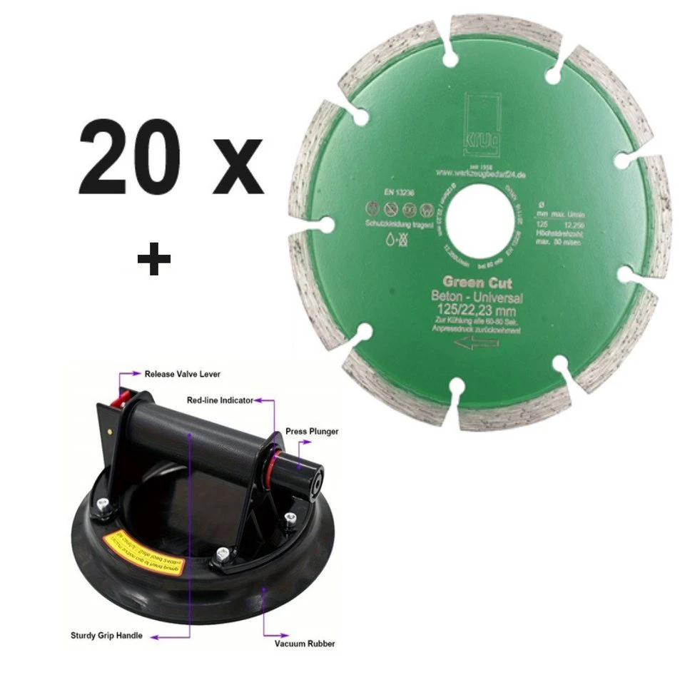 Fritz Krug Vakuum-Saugnapf mit Manometer 20x Green Cut Diamantscheibe 125 mm