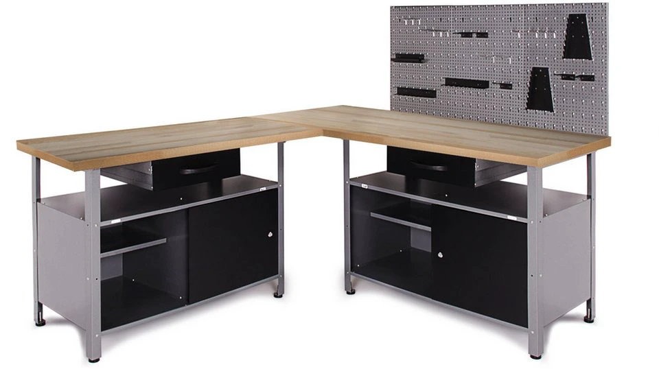 ONDIS24 Werkstatt-Set Ecklösung One 3-tlg Arbeitshöhe 85 cm Buchen Arbeitsplatte 27 mm