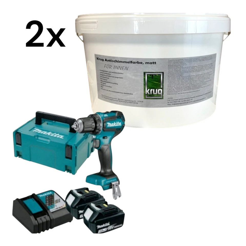 Makita Feuchtraumfarbe Set 2 x Krug Antischimmelfarbe matt 12,5 Liter DDF485RFJ2 Akku-Bohrschrauber