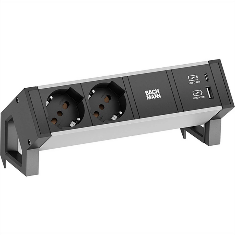 Bachmann DESK2 ALU BLACK Steckdosenleiste 2xP40 Italien 1xUSB A&C 22W 0,2m GST18