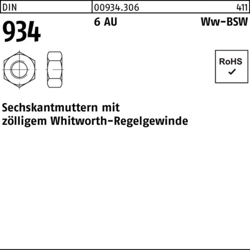 Reyher Muttern Sechskantmutter DIN 934 WW 1 1/4 6 Automatenstahl 10 Stück