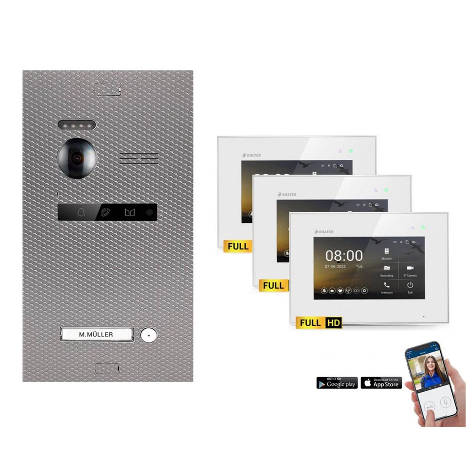 Balter Video-Türsprechanlage EVO-HD Komplettset 1-Familie Karbon-Silver 3x 7" WLAN Monitore Weiß