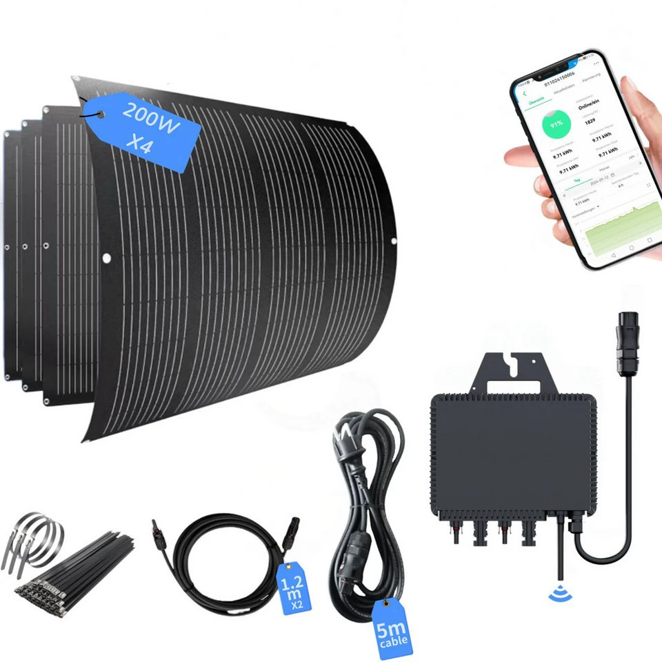 SolarMars Balkonkraftwerk 4x200 W flexible Solarmodule 800 W WLAN Wechselrichter