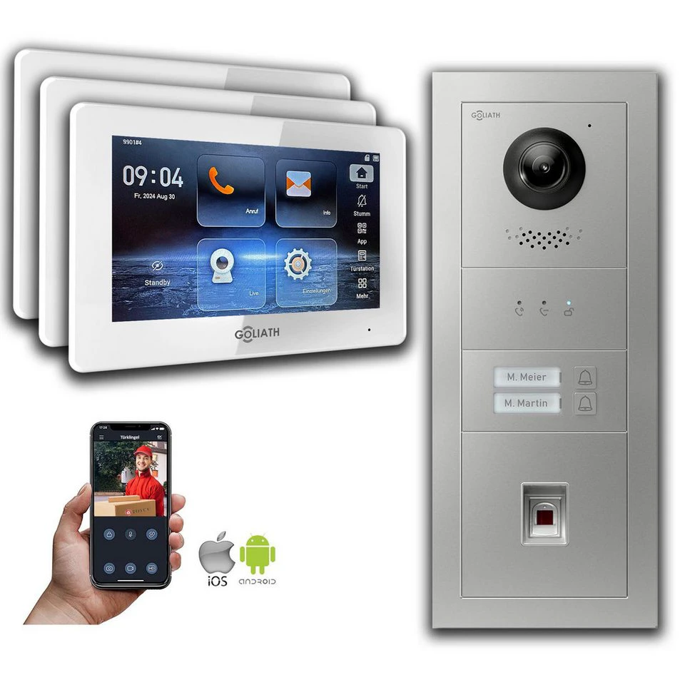 Goliath Intercom Video-Türsprechanlage 2-Draht BUS 2 Familien 3 Monitore Fingerprint