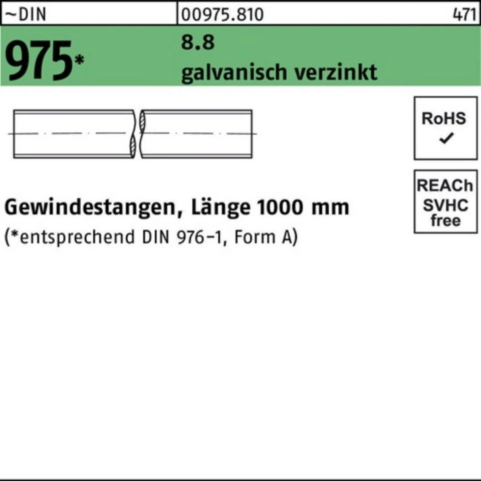 Reyher Gewindestange 009758100100000 DIN 975 M 10 x 1000 mm 8.8 galvanisch verzinkt