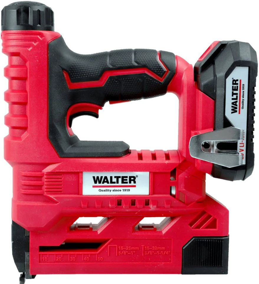 WALTER Akku-Tacker 20 V mit Akku 2 Ah Ladegerät 6-stufige Eintreibtiefe 30 Schüsse/min