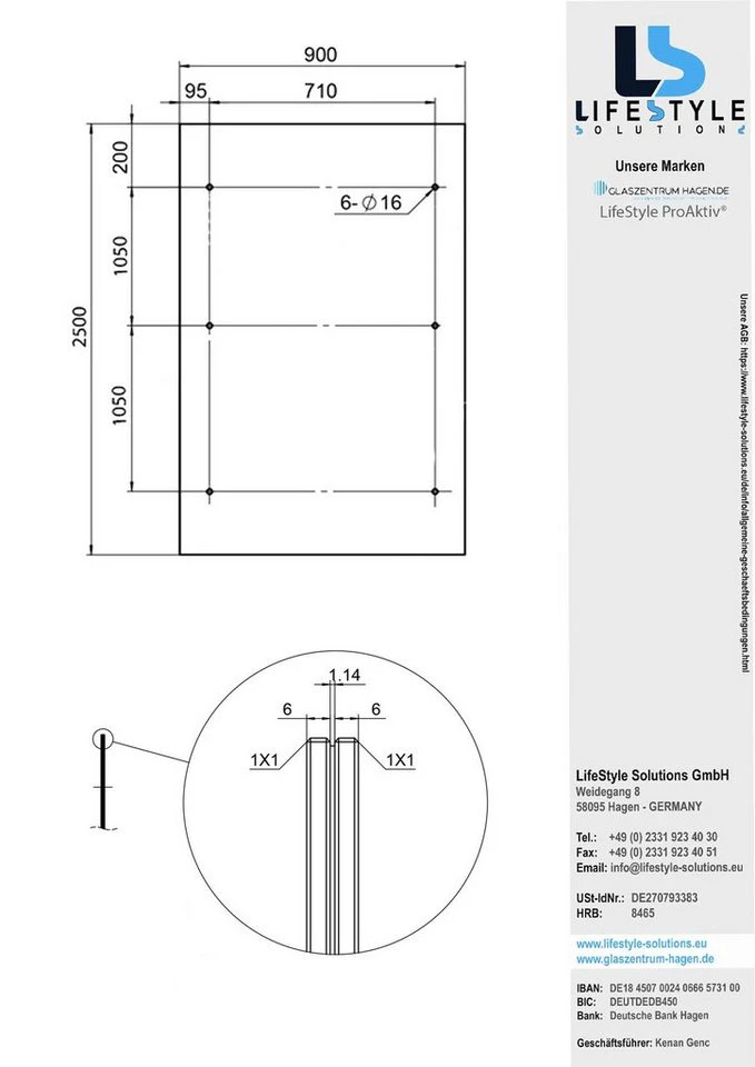 Glaszentrum Hagen Glasvordach 250x90 cm Weiß RAL7016-STB