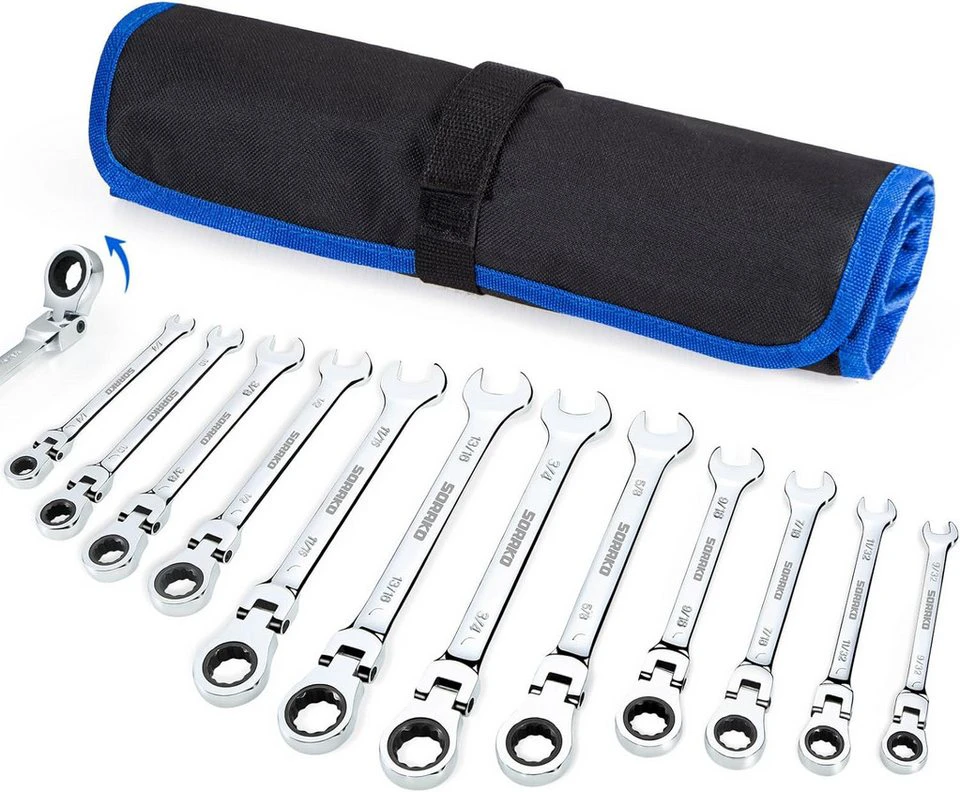 SORAKO Ratschenschlüssel-Set mit flexiblem Kopf 12-teilig Chrom-Vanadium-Stahl