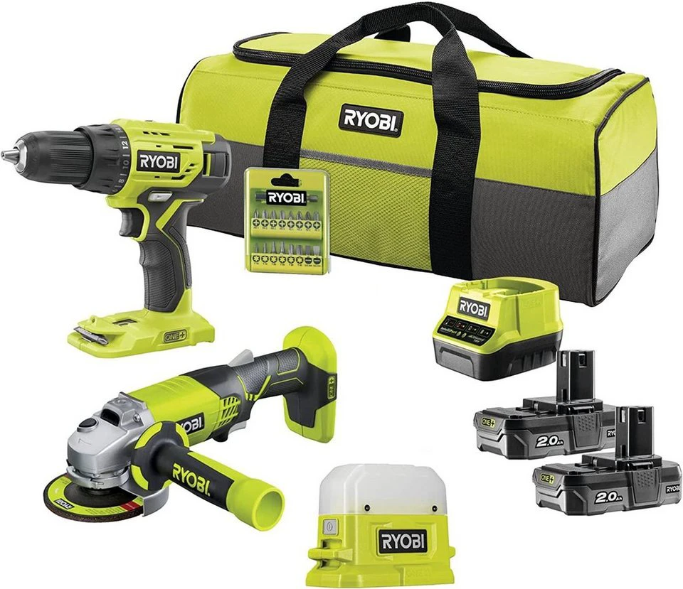 Ryobi Elektrowerkzeug-Set RCK183D-120S 18V ONE+ 8-tlg. mit Werkzeugtasche 2x 2,0 Ah Akkus Akku-LED-Leuchte RLC18-0