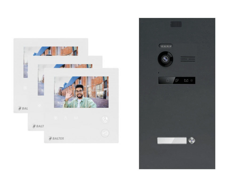 Balter Video-Türsprechanlage EVO MINI Komplettsystem Anthrazit 3x 4,3 Zoll 2-Draht BUS 1-Familienhaus