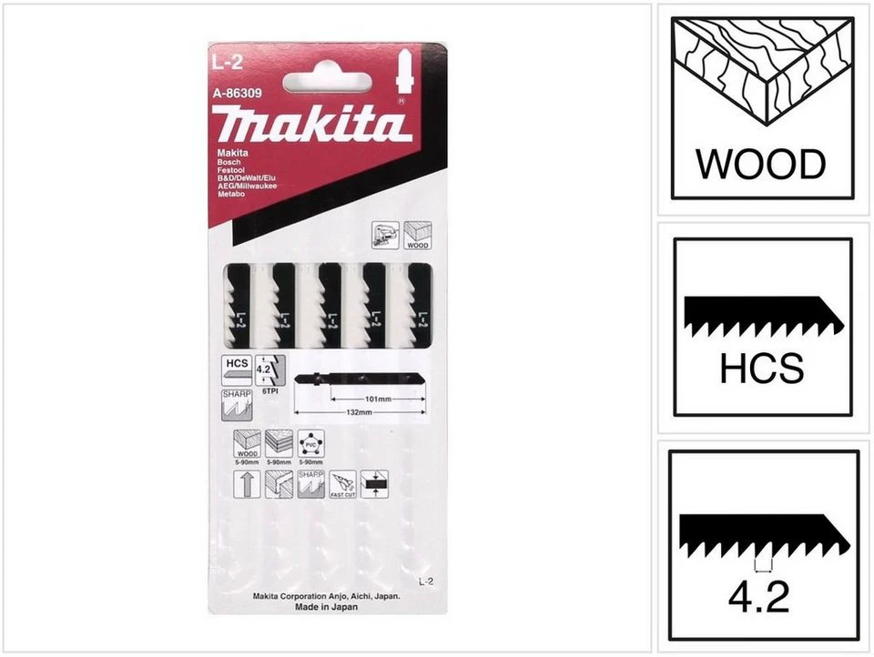 Makita Stichsägeblatt L-2 A-86309 5 Stück HCS 6 Zähne/Zoll