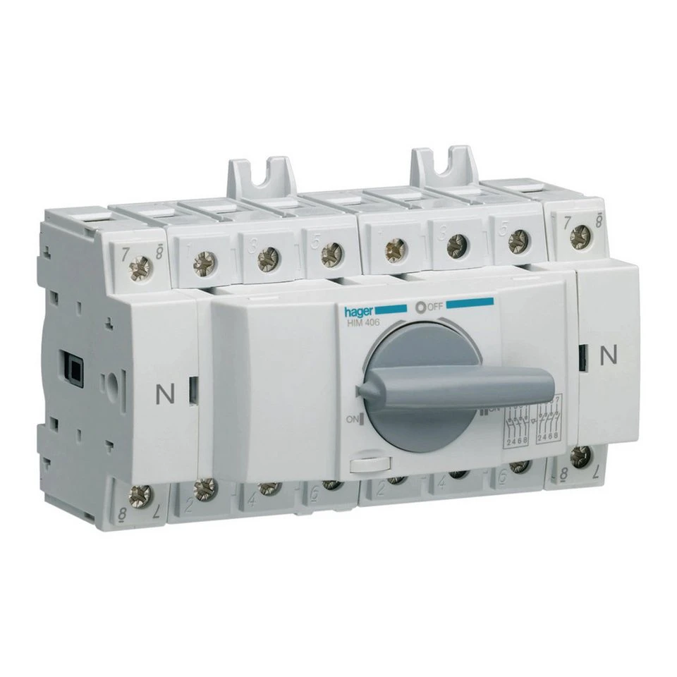 Hager Lastumschalter HIM406 4polig 63A für Hutschiene Montageplatte I-O-II