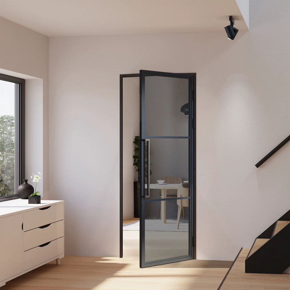 inova wohnen Zimmertür Glastür Stahlrahmen Grauglas Komplett Set schwarze Türzarge Griffstange Loftstyle