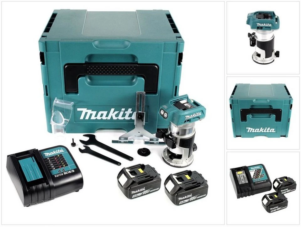 Makita Akku-Kantenfräse DRT50 18 V bürstenlos mit 2x 5,0 Ah Akku Schnellladegerät