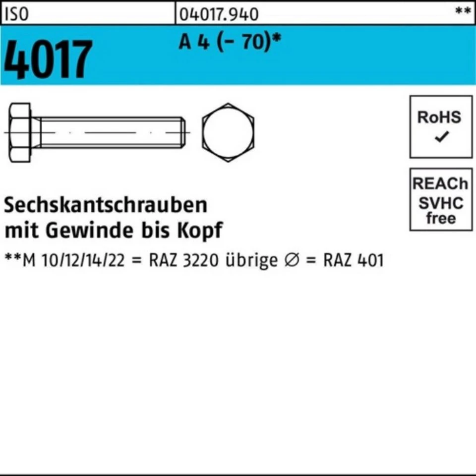 Bufab Sechskantschraube BUFAB 040179400200130 ISO 4017 A 4-70 M 20 x 130 10 Stück