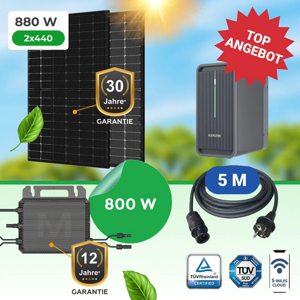 Paket.ag Balkonkraftwerk 880 W mit Speicher 2,24 kWh 800 W Wechselrichter bifaziale Module 1-St