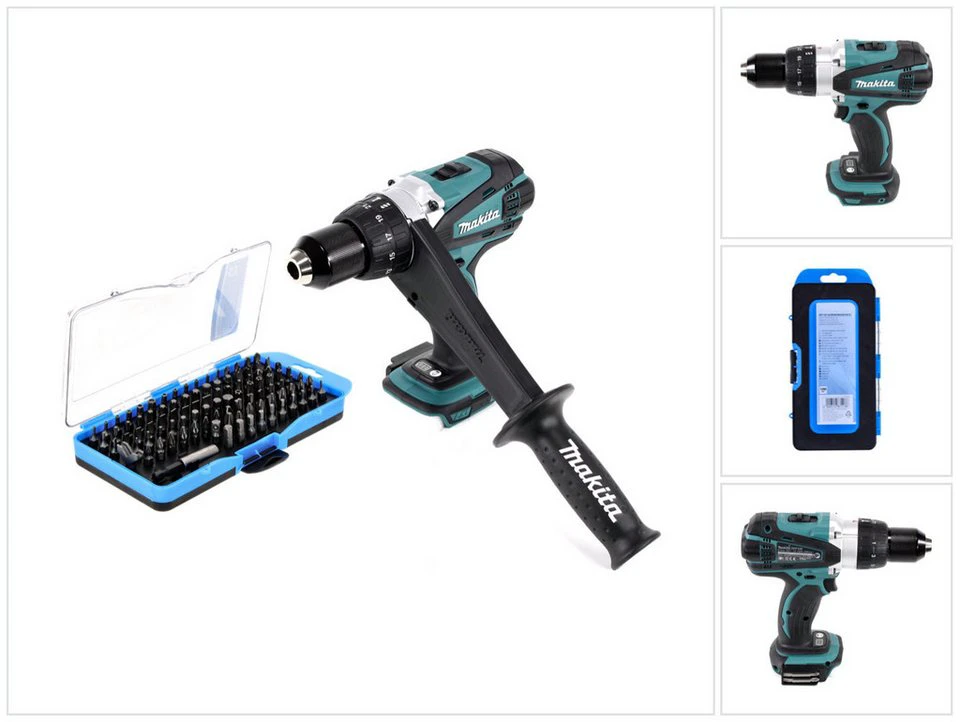 Makita Akku-Bohrschrauber DDF 458 18 V 91 Nm mit 100-teiligem Bit Set ohne Akku und Ladegerät