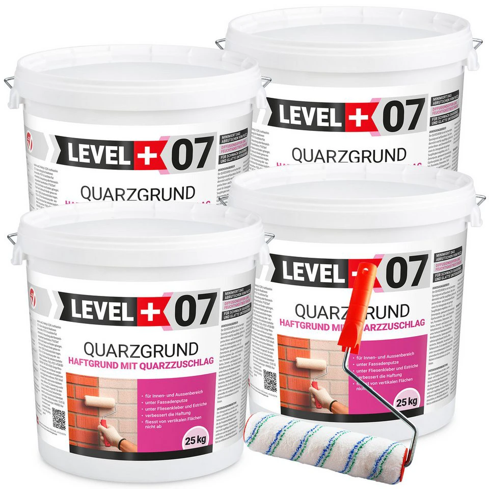 Level+ Quarzgrund Haftgrundierung L+07 für Putz, Holz und OSB 100KG mit Farbroller