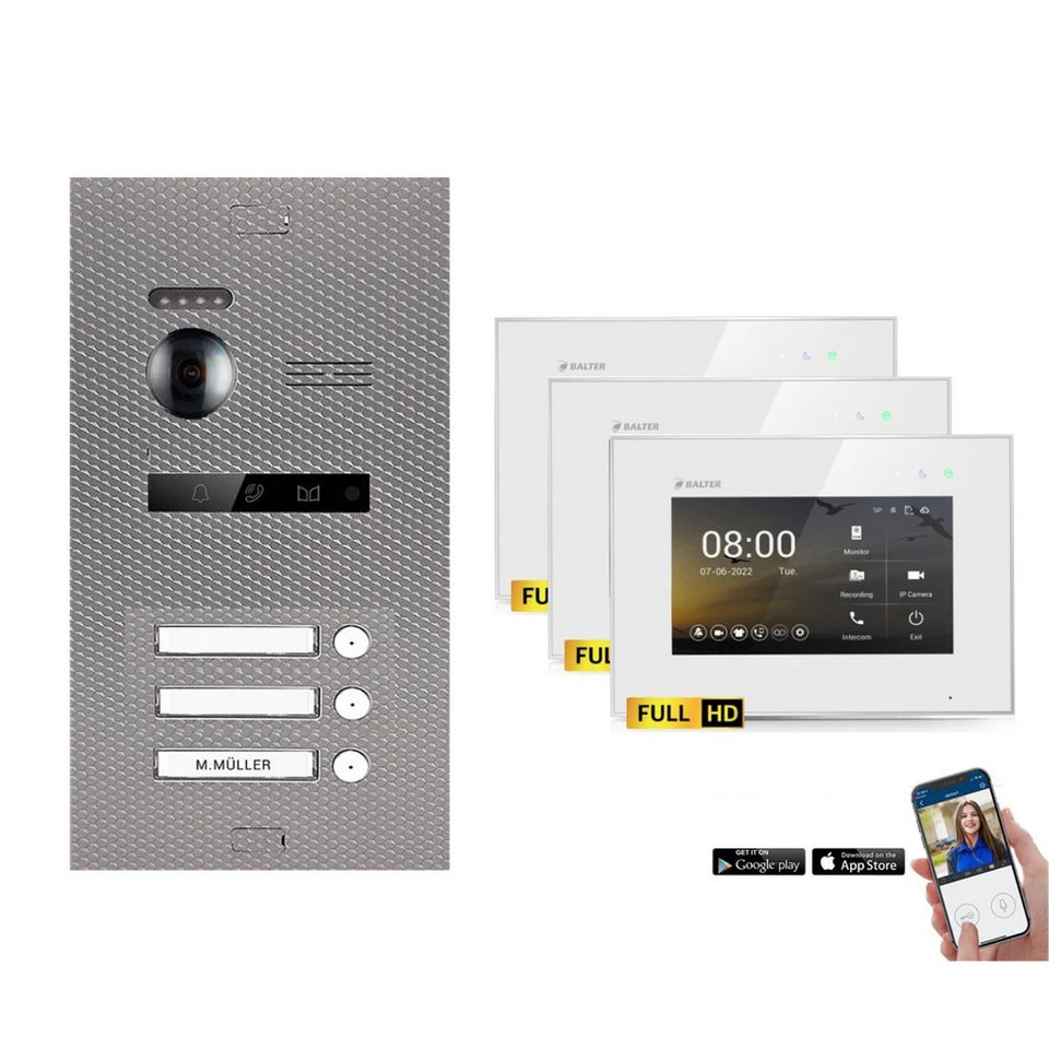 Balter EVO-HD Video-Türsprechanlage Komplettset 3-Familie Karbon-Silver 3x 7 Zoll WLAN Monitor Weiß