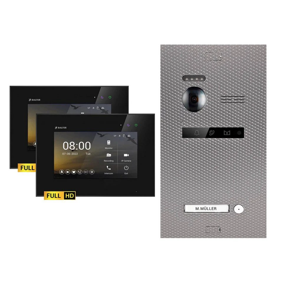 Balter Video-Türsprechanlage EVO-HD Komplettset 1-Familie Karbon-Silver 2x 7" Monitore Schwarz