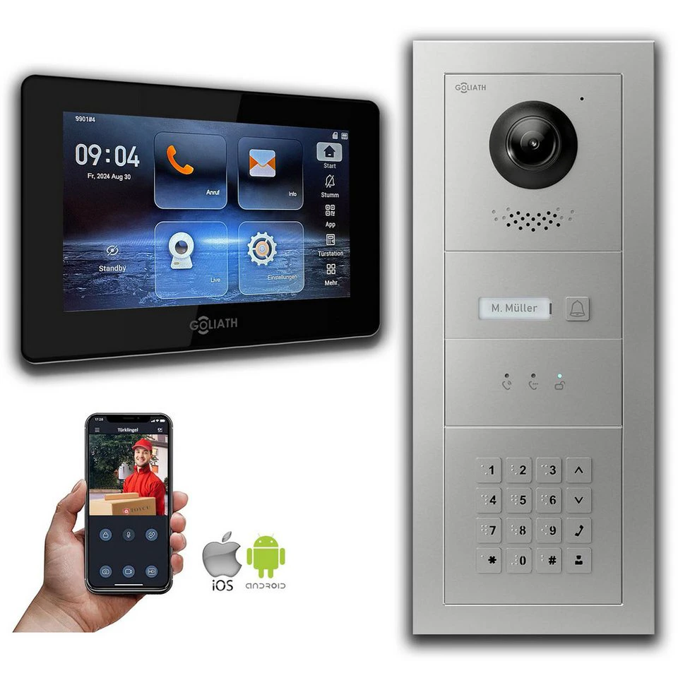 Goliath GL-IPH125 IP-Video-Türsprechanlage 7 Zoll Kamera Zahlencode Silber