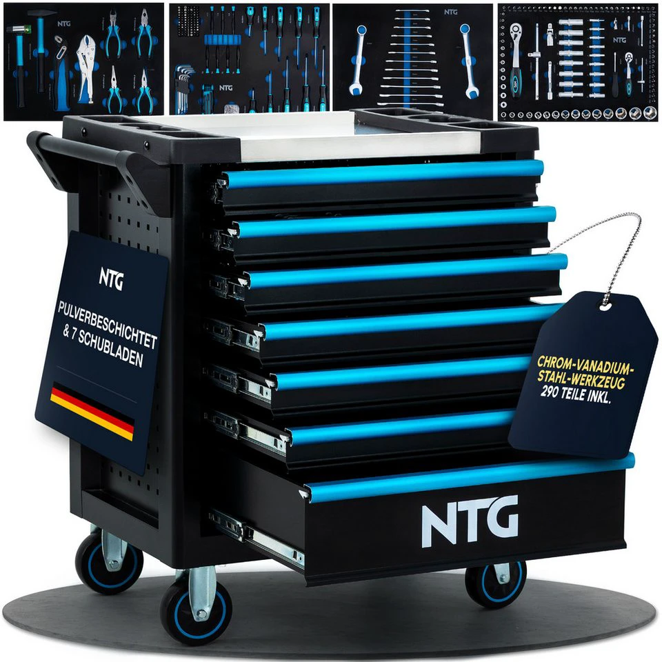 NTG Nutzfahrzeug Technik GmbH Werkzeugwagen 7 Schubladen 290-tlg abschließbar Blackline auf Rollen 450 kg